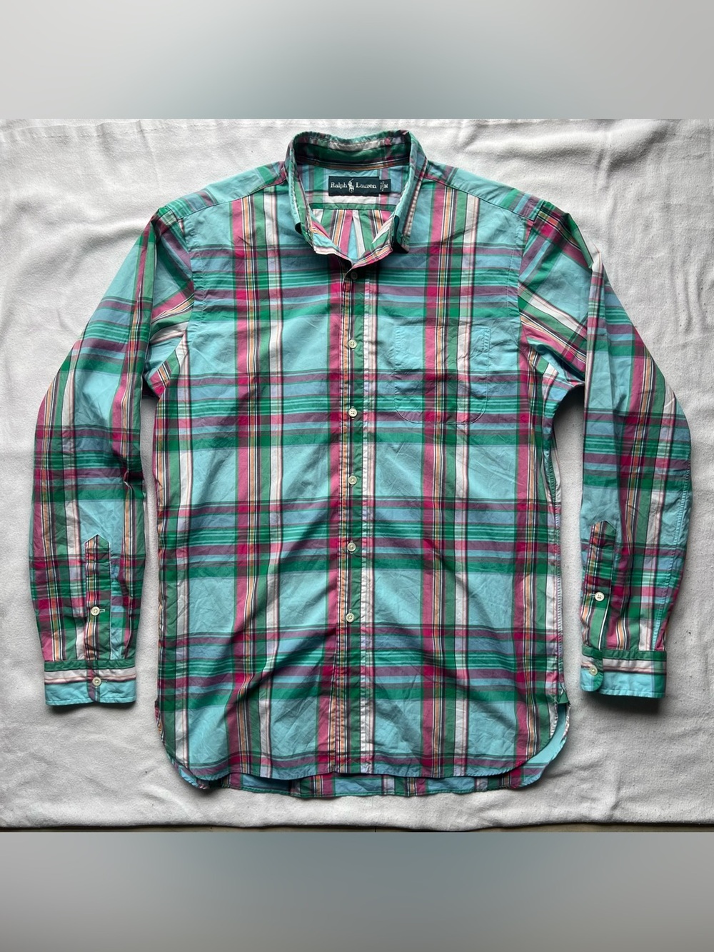 Ralph Lauren Plaid Button Down Shirt Teal Green Pink Men's Medium Long Sleeve